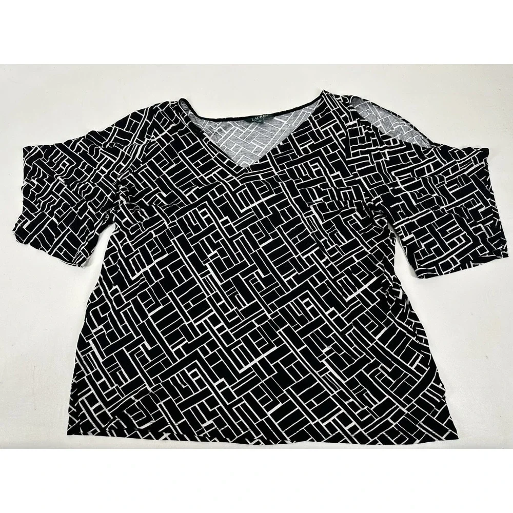 Lauren Ralph Lauren Women's V Neck Cold‎ Shoulder Shirt Size 3X Geometric